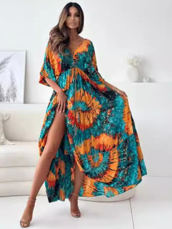 Women's V multi-color printed slit dress with three-quarter sleeves