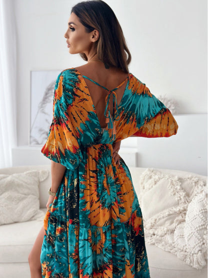 Women's V multi-color printed slit dress with three-quarter sleeves