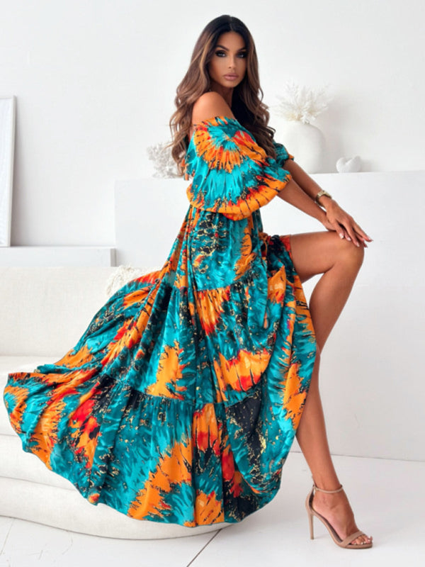 Women's V multi-color printed slit dress with three-quarter sleeves