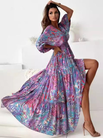 Women's V multi-color printed slit dress with three-quarter sleeves