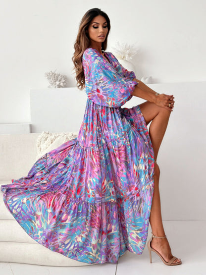 Women's V multi-color printed slit dress with three-quarter sleeves