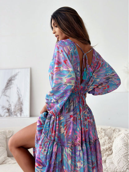 Women's V multi-color printed slit dress with three-quarter sleeves