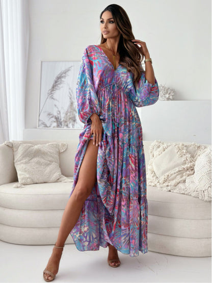 Women's V multi-color printed slit dress with three-quarter sleeves