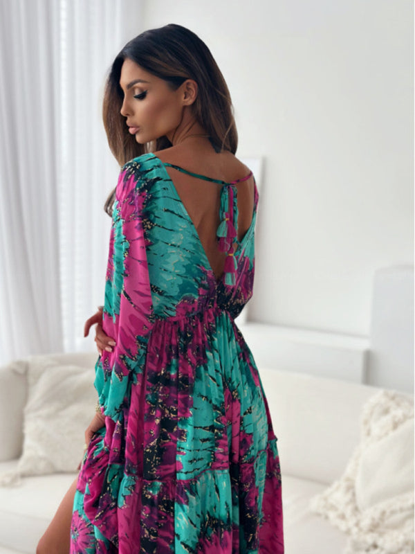 Women's V multi-color printed slit dress with three-quarter sleeves