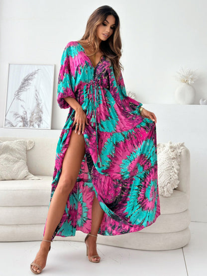 Women's V multi-color printed slit dress with three-quarter sleeves