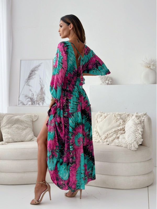 Women's V multi-color printed slit dress with three-quarter sleeves