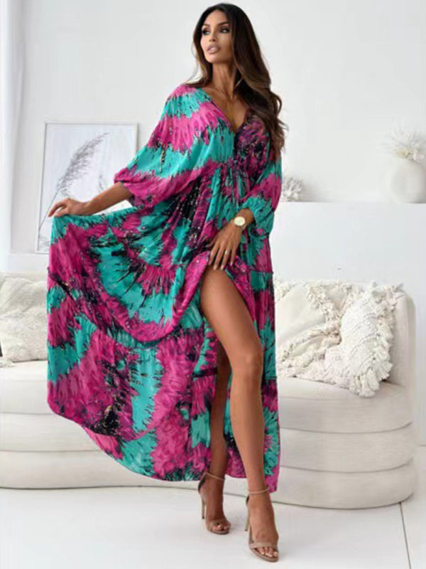 Women's V multi-color printed slit dress with three-quarter sleeves