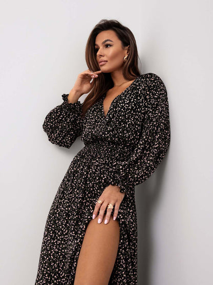 Women's Printed V-Neck Long Sleeve Dress