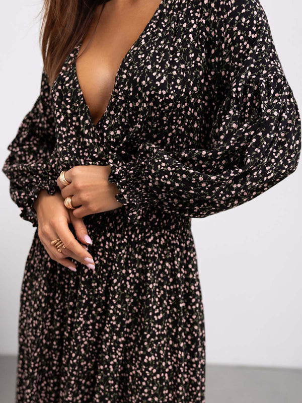 Women's Printed V-Neck Long Sleeve Dress