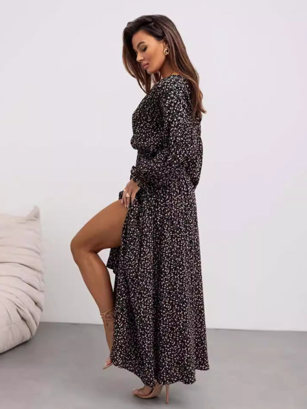 Women's Printed V-Neck Long Sleeve Dress