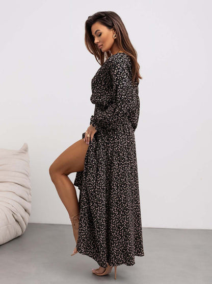 Women's Printed V-Neck Long Sleeve Dress