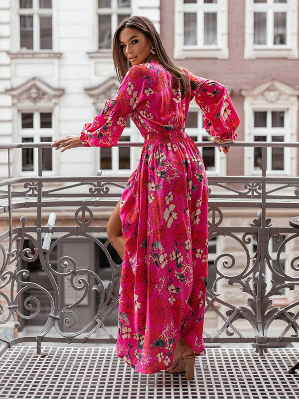 Women's Printed V-Neck Long Sleeve Dress