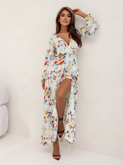 Women's Printed V-Neck Long Sleeve Dress