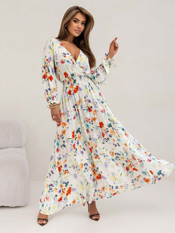 Women's Printed V-Neck Long Sleeve Dress