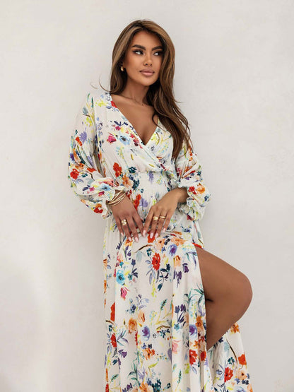 Women's Printed V-Neck Long Sleeve Dress