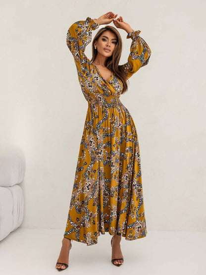 Women's Printed V-Neck Long Sleeve Dress