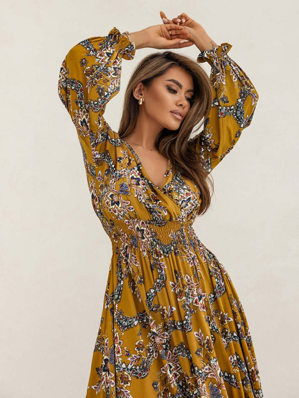 Women's Printed V-Neck Long Sleeve Dress