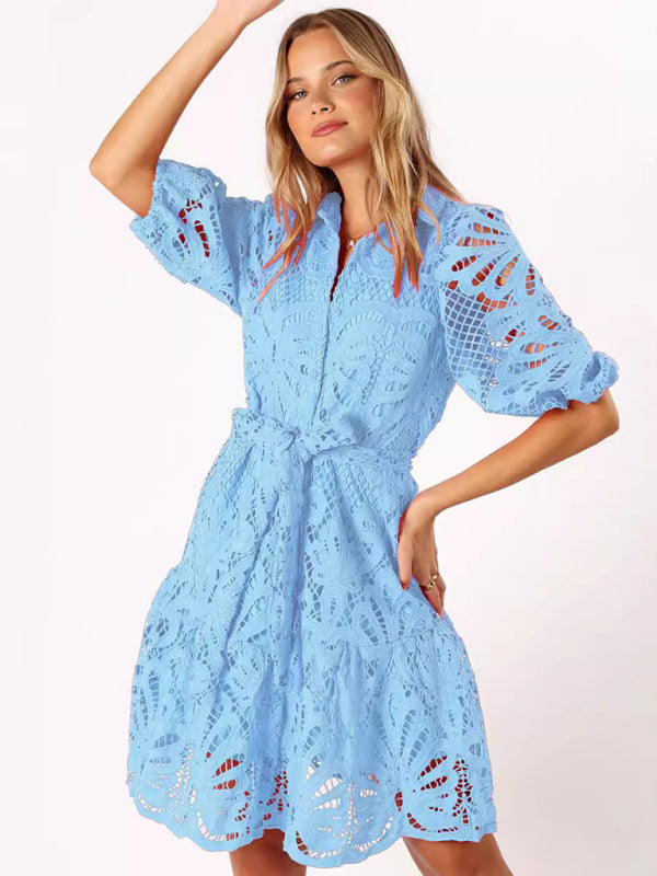 Women's Lace Flower Mid-Sleeve Commuter Button Shirt Dress