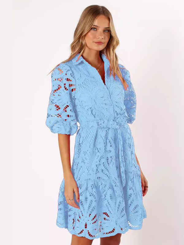 Women's Lace Flower Mid-Sleeve Commuter Button Shirt Dress