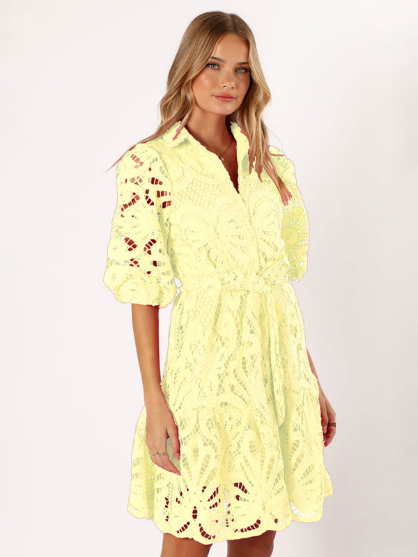 Women's Lace Flower Mid-Sleeve Commuter Button Shirt Dress