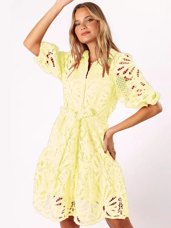 Women's Lace Flower Mid-Sleeve Commuter Button Shirt Dress