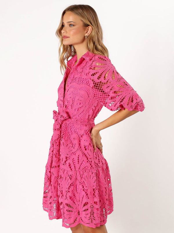 Women's Lace Flower Mid-Sleeve Commuter Button Shirt Dress