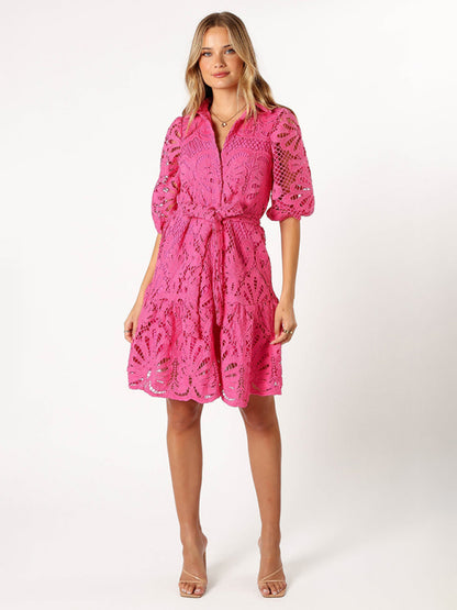 Women's Lace Flower Mid-Sleeve Commuter Button Shirt Dress