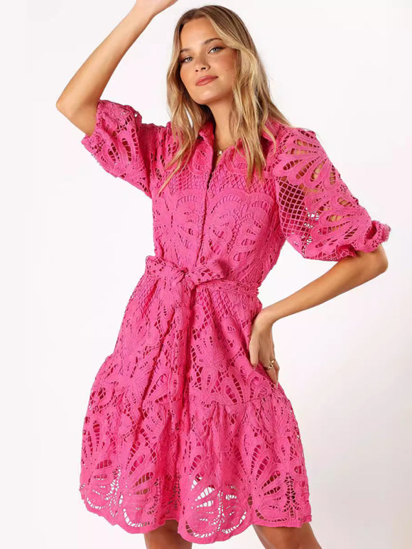 Women's Lace Flower Mid-Sleeve Commuter Button Shirt Dress