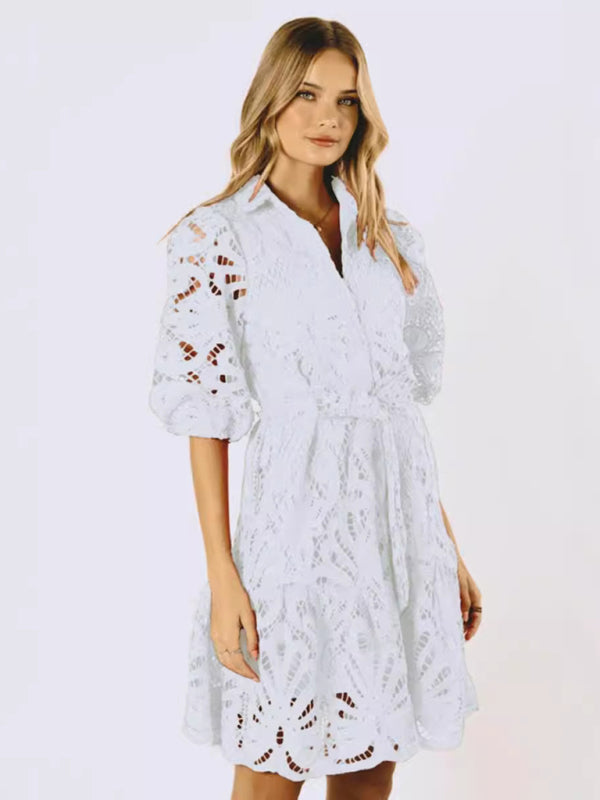 Women's Lace Flower Mid-Sleeve Commuter Button Shirt Dress