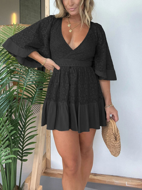 Women's lace patchwork bat sleeve dress