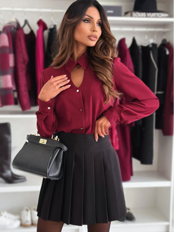 Women's Long Sleeve Lapel Cutout Shirt Top