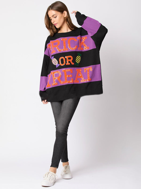 Women's Letter Sequined Colorblock Sweater Casual Top