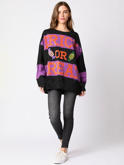 Women's Letter Sequined Colorblock Sweater Casual Top