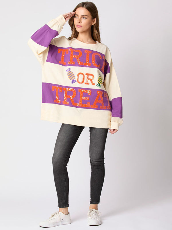 Women's Letter Sequined Colorblock Sweater Casual Top