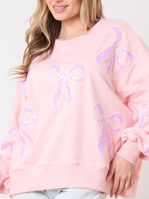 Women's Pullover Bow Ribbon Sequined Round Neck Sweater