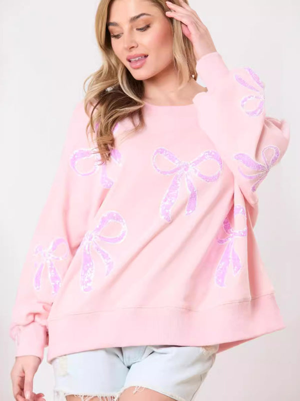 Women's Pullover Bow Ribbon Sequined Round Neck Sweater