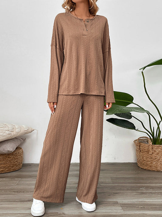 Women's wide-leg pants two-piece suit round neck home long pants set