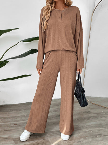 Women's wide-leg pants two-piece suit round neck home long pants set