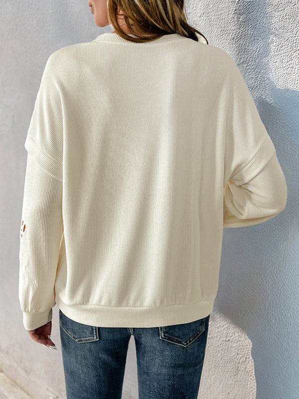 Women's long sleeve texture pullover embroidery stitching sweater