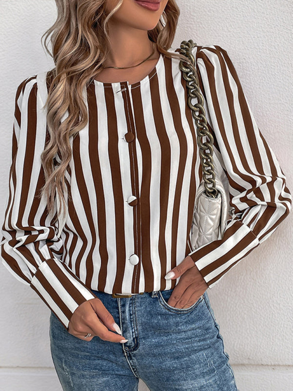 Women's V-neck single-breasted cardigan striped tops