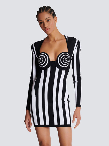 Women's Black and White Vertical Striped Dress Party Dress