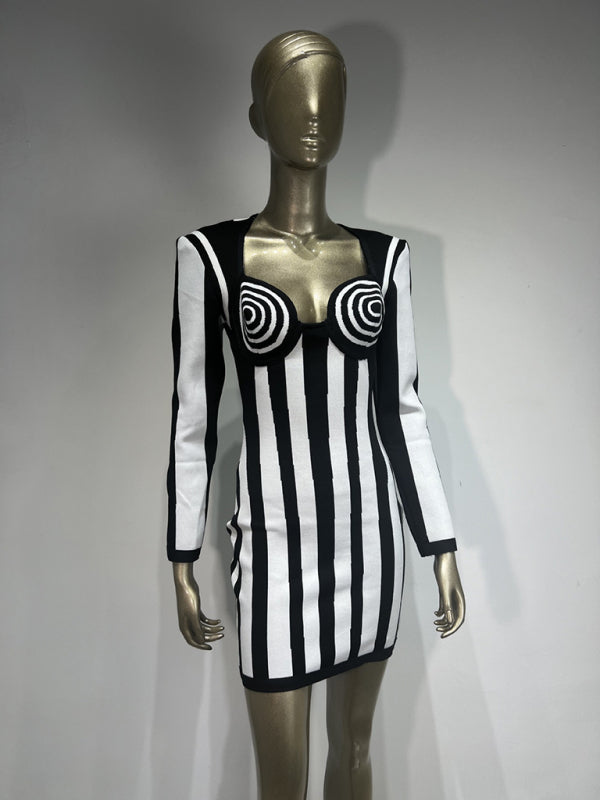 Women's Black and White Vertical Striped Dress Party Dress