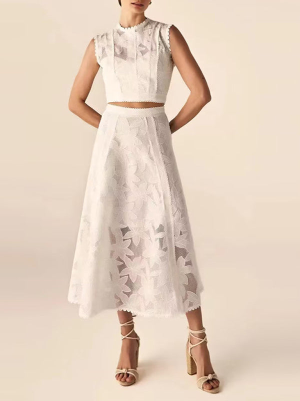 Women's Sleeveless Top + High Waist Embroidered Skirt Set