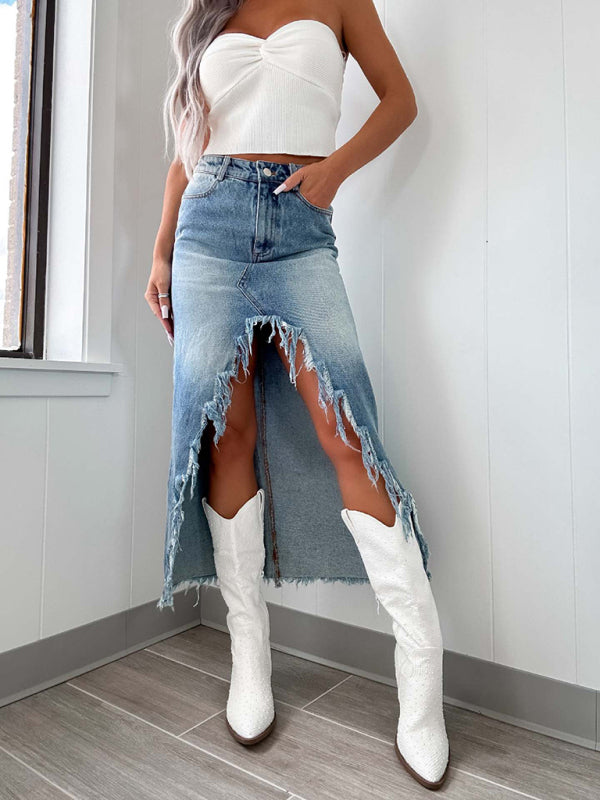 Women's high waist irregular raw edge denim skirt