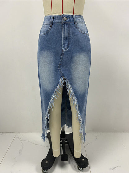 Women's high waist irregular raw edge denim skirt