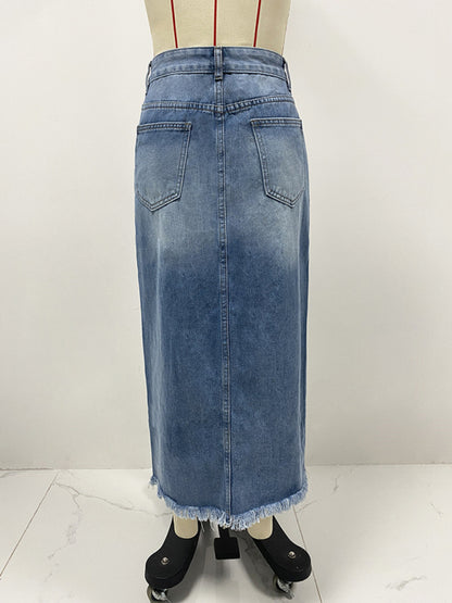 Women's high waist irregular raw edge denim skirt