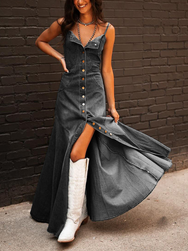 Women's distressed suspenders slim fit buttoned long swing dress