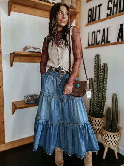 Women's Bohemian A-line Layered Cake Denim Skirt