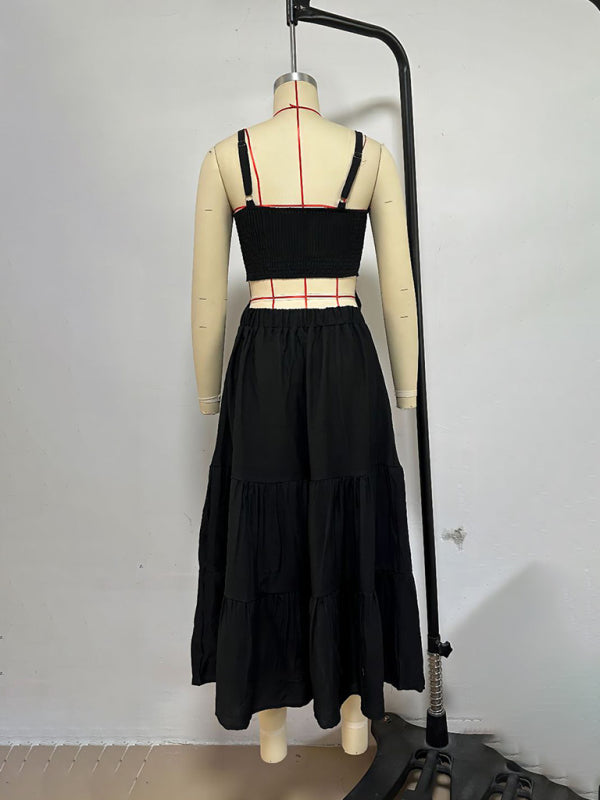 Women's versatile solid color suspender dress