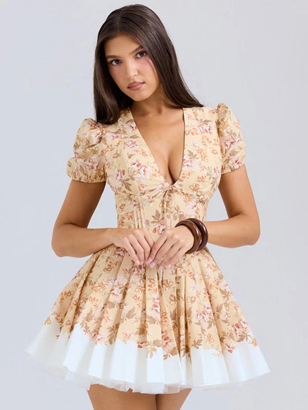 women's positioning print V-neck waist tutu skirt dress